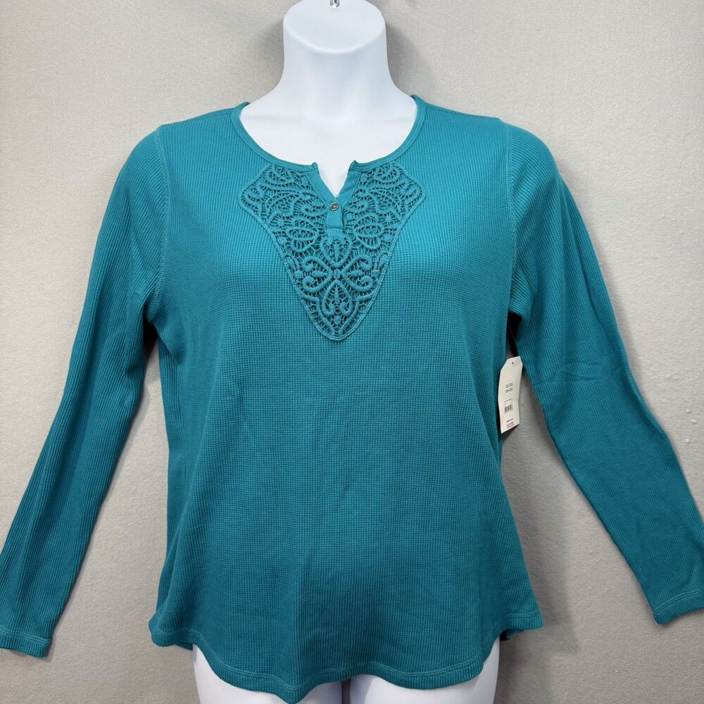 NWT Faded Glory Womens XL Teal Waffle Knit Thermal Long Sleeve Crochet Lace Top